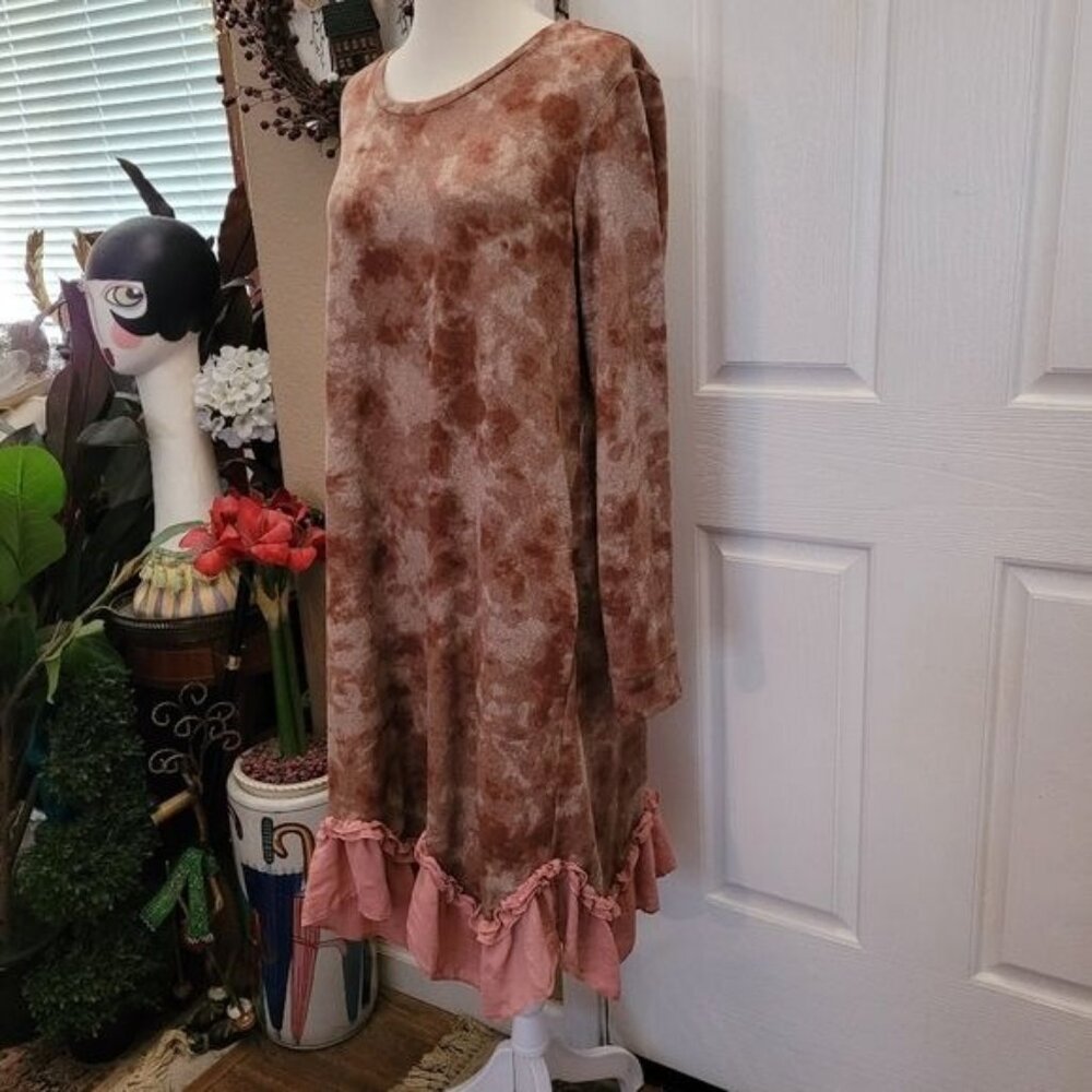 LOGO by Lori Goldstein Dress Pink Large Tie Dye Fall Ruffles Trim Pocket